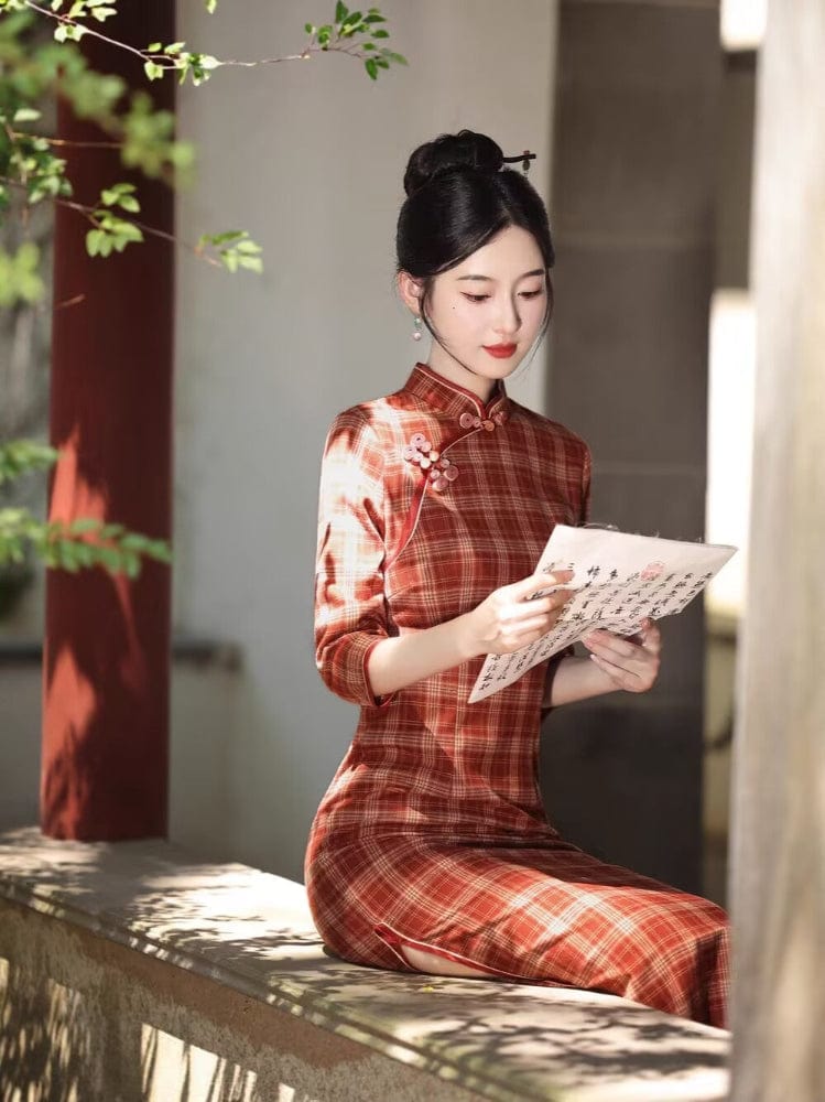 Beth and Brian Qipao-MLS Plaid pattern, daily red&green midi Cheongsam