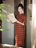 Beth and Brian Qipao-MLS Plaid pattern, daily red&green midi Cheongsam