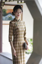 Beth and Brian Qipao-MLS Plaid pattern, daily red&green midi Cheongsam