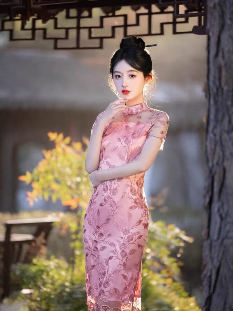 Beth and Brian Qipao-MLS Floral pattern, wedding lace mid-length Cheongsam