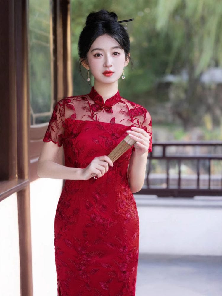 Beth and Brian Qipao-MLS Floral pattern, wedding lace mid-length Cheongsam