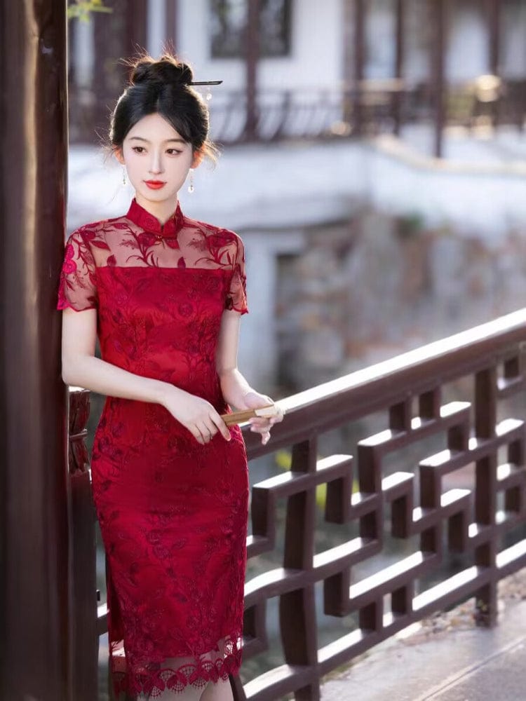 Beth and Brian Qipao-MLS Floral pattern, wedding lace mid-length Cheongsam