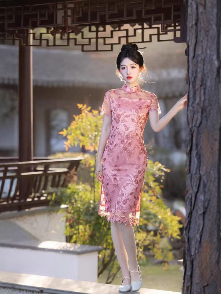 Beth and Brian Qipao-MLS Floral pattern, wedding lace mid-length Cheongsam