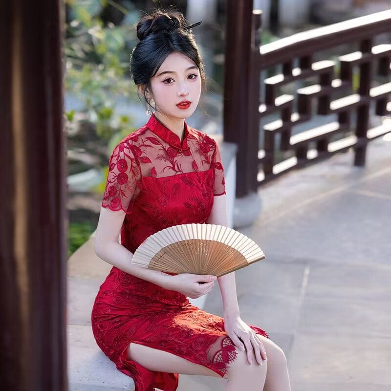 Beth and Brian Qipao-MLS Floral pattern, wedding lace mid-length Cheongsam