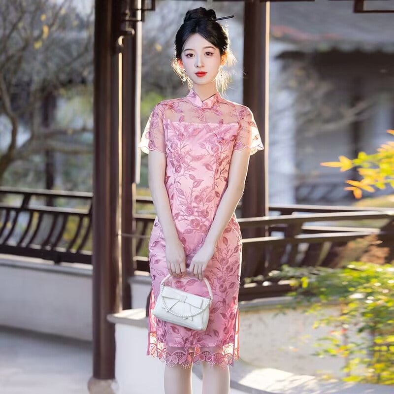 Beth and Brian Qipao-MLS Floral pattern, wedding lace mid-length Cheongsam