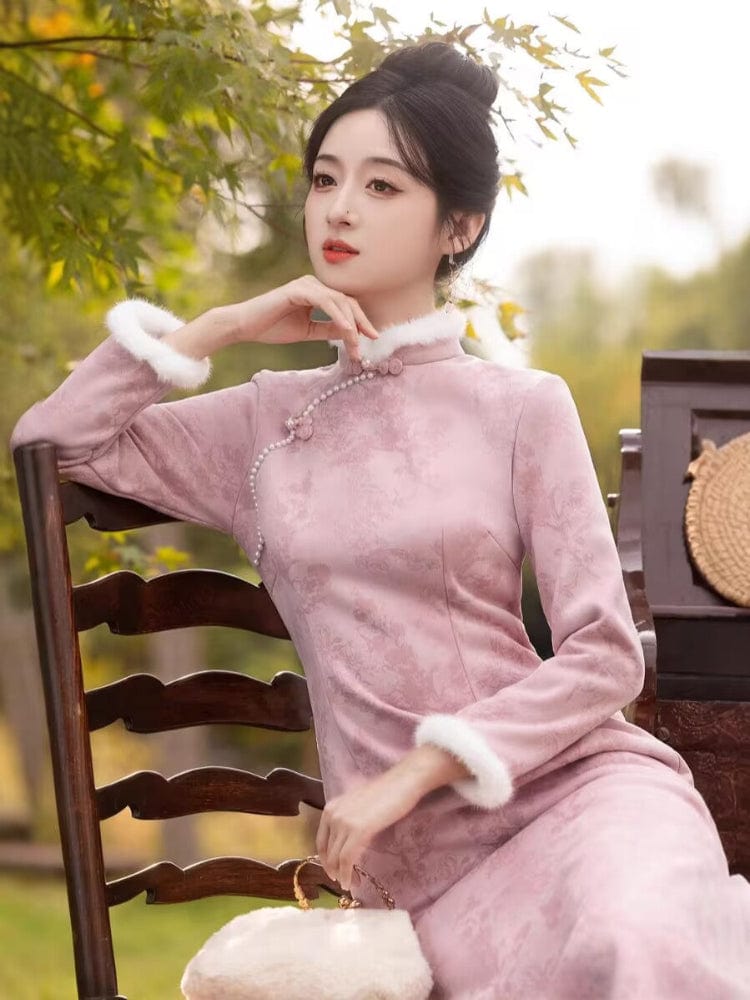 Beth and Brian Qipao-MLS Floral pattern, suede fabric, pink&grey midi Cheongsam