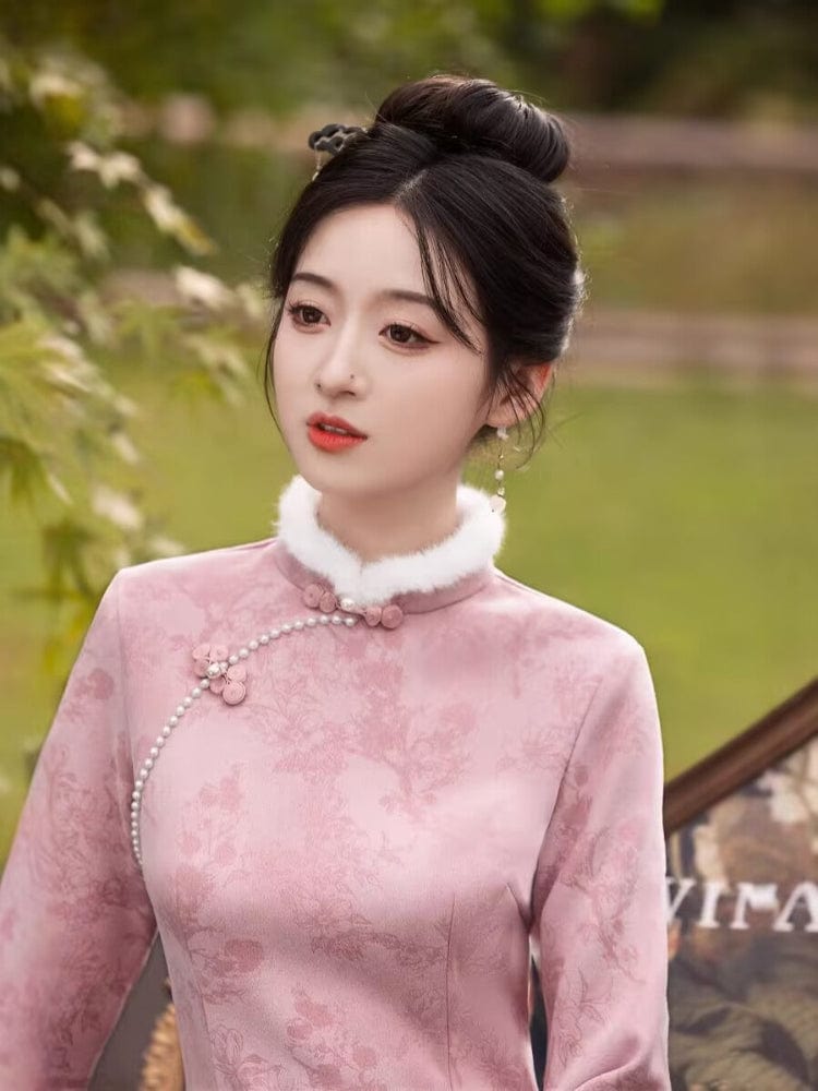 Beth and Brian Qipao-MLS Floral pattern, suede fabric, pink&grey midi Cheongsam
