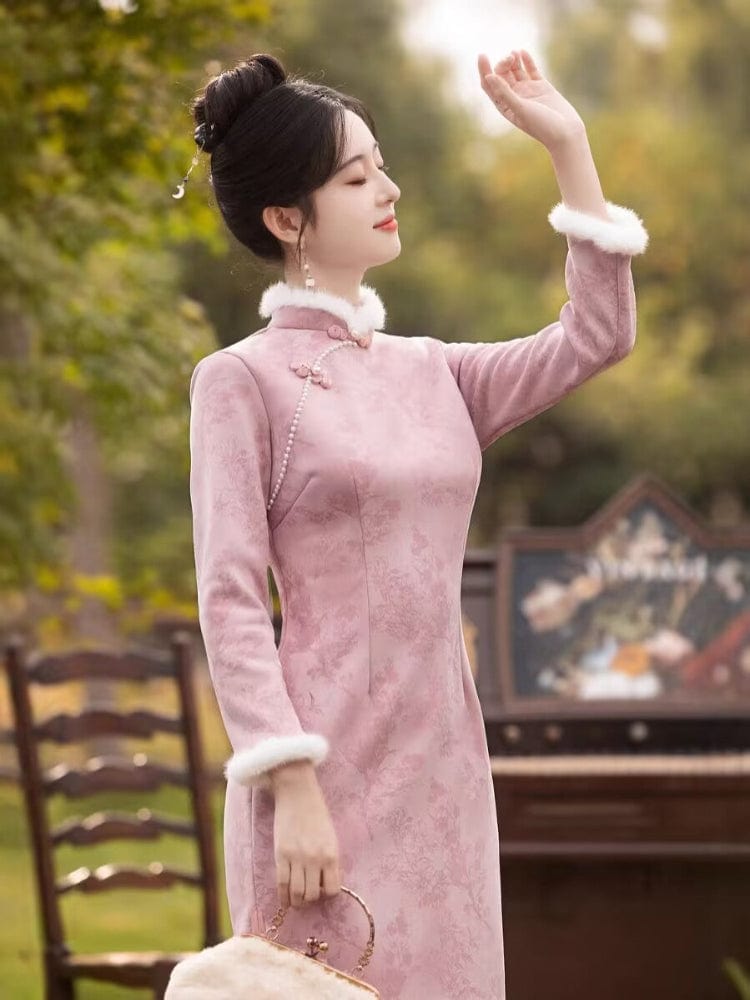 Beth and Brian Qipao-MLS Floral pattern, suede fabric, pink&grey midi Cheongsam