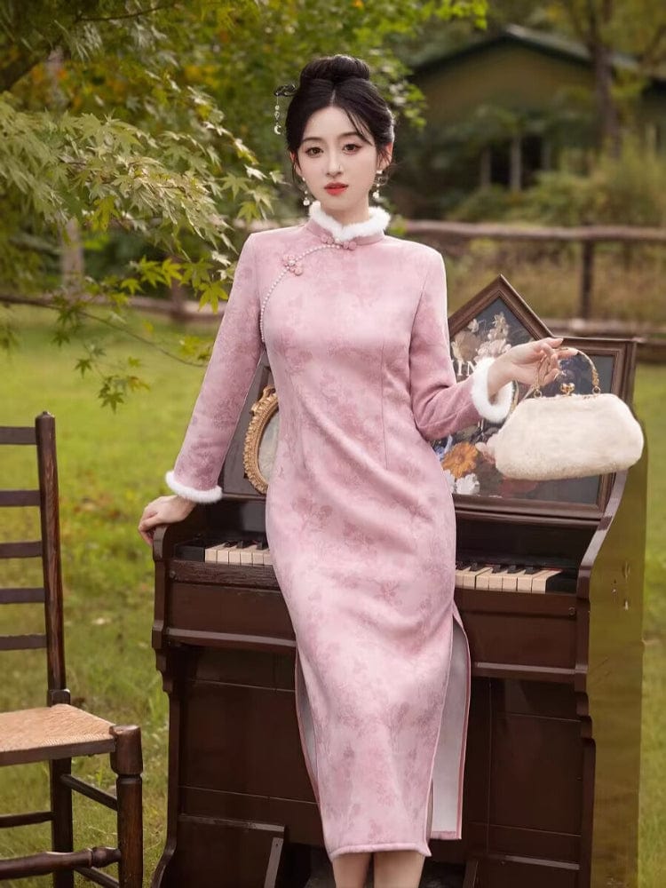 Beth and Brian Qipao-MLS Floral pattern, suede fabric, pink&grey midi Cheongsam