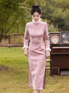 Beth and Brian Qipao-MLS Floral pattern, suede fabric, pink&grey midi Cheongsam