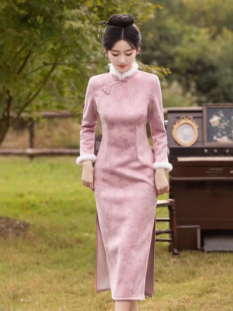 Beth and Brian Qipao-MLS Floral pattern, suede fabric, pink&grey midi Cheongsam