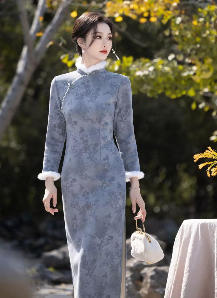 Beth and Brian Qipao-MLS Floral pattern, suede fabric, pink&grey midi Cheongsam