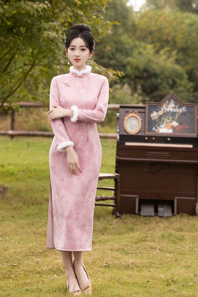 Beth and Brian Qipao-MLS Floral pattern, suede fabric, pink&grey midi Cheongsam