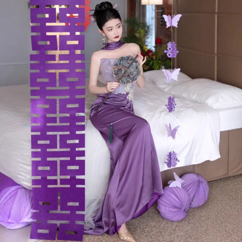 Beth and Brian Qipao-MY Tube top, high-end, purple floor-length Cheongsam