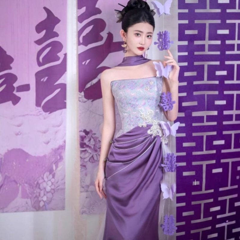 Beth and Brian Qipao-MY Tube top, high-end, purple floor-length Cheongsam