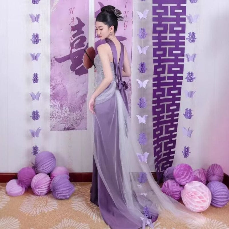 Beth and Brian Qipao-MY Tube top, high-end, purple floor-length Cheongsam