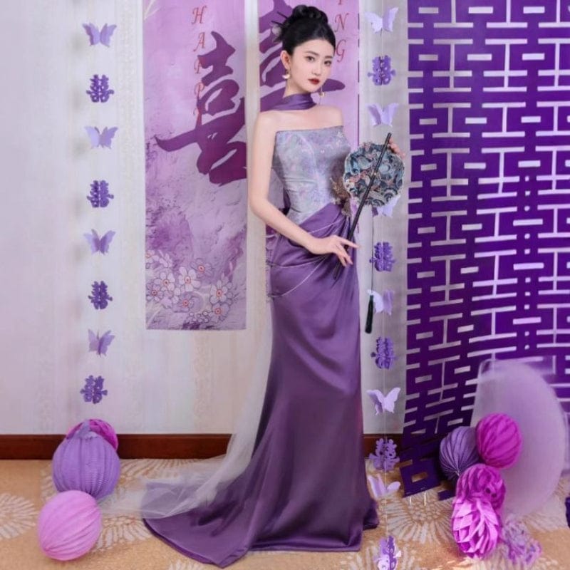 Beth and Brian Qipao-MY Tube top, high-end, purple floor-length Cheongsam