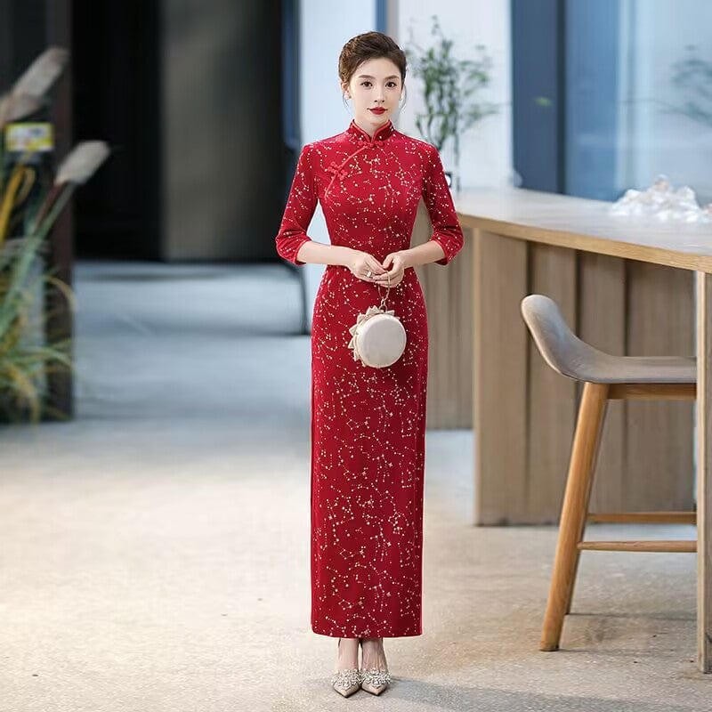 Beth and Brian Qipao-QCYJ Classical Cheongsam, sequins and velvet fabric, red long Cheongsam