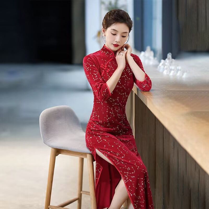 Beth and Brian Qipao-QCYJ Classical Cheongsam, sequins and velvet fabric, red long Cheongsam