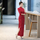 Beth and Brian Qipao-QCYJ Classical Cheongsam, sequins and velvet fabric, red long Cheongsam