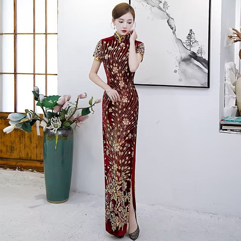 Beth and Brian Qipao-QCYJ Plus size, Sequins Chinese prom dress, Sequins evening long Cheongsam