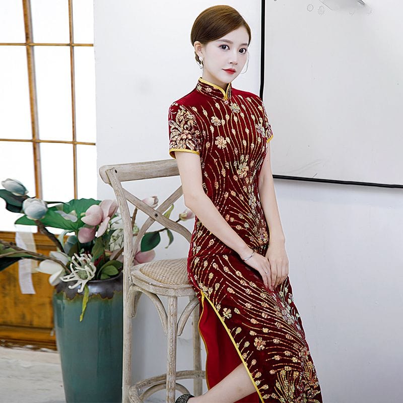 Beth and Brian Qipao-QCYJ Plus size, Sequins Chinese prom dress, Sequins evening long Cheongsam