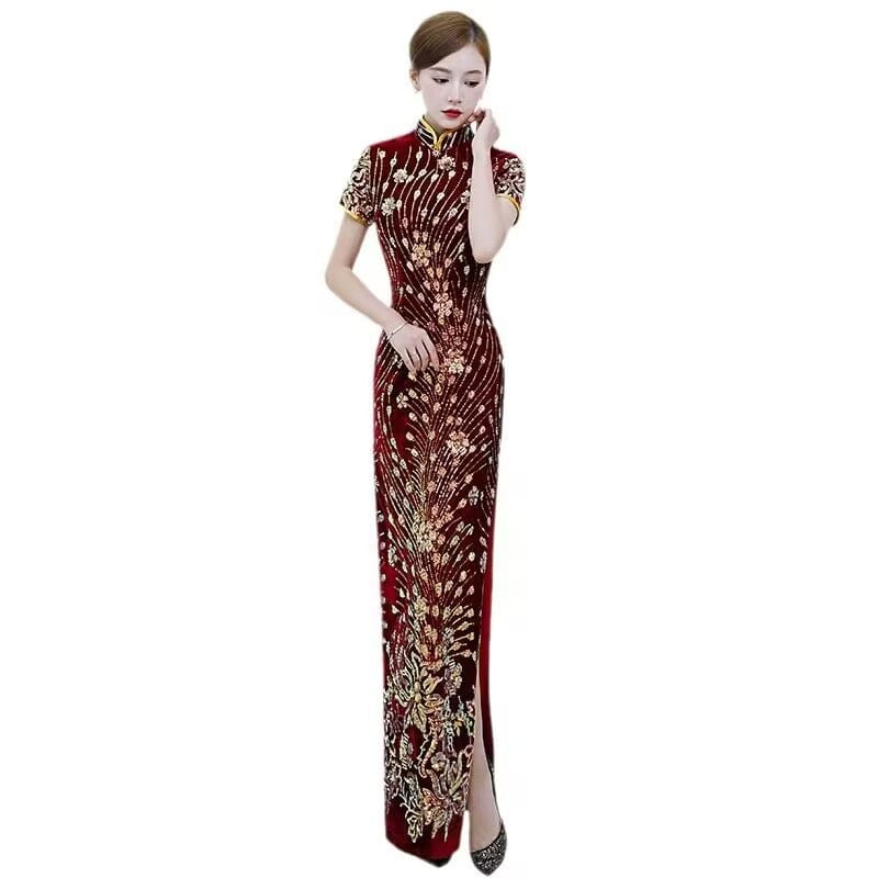 Beth and Brian Qipao-QCYJ Plus size, Sequins Chinese prom dress, Sequins evening long Cheongsam