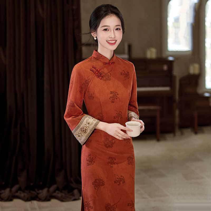 Beth and Brian Qipao-SMQ Winter collection, floral pattern, suede fabric, orange-red midi Cheongsam