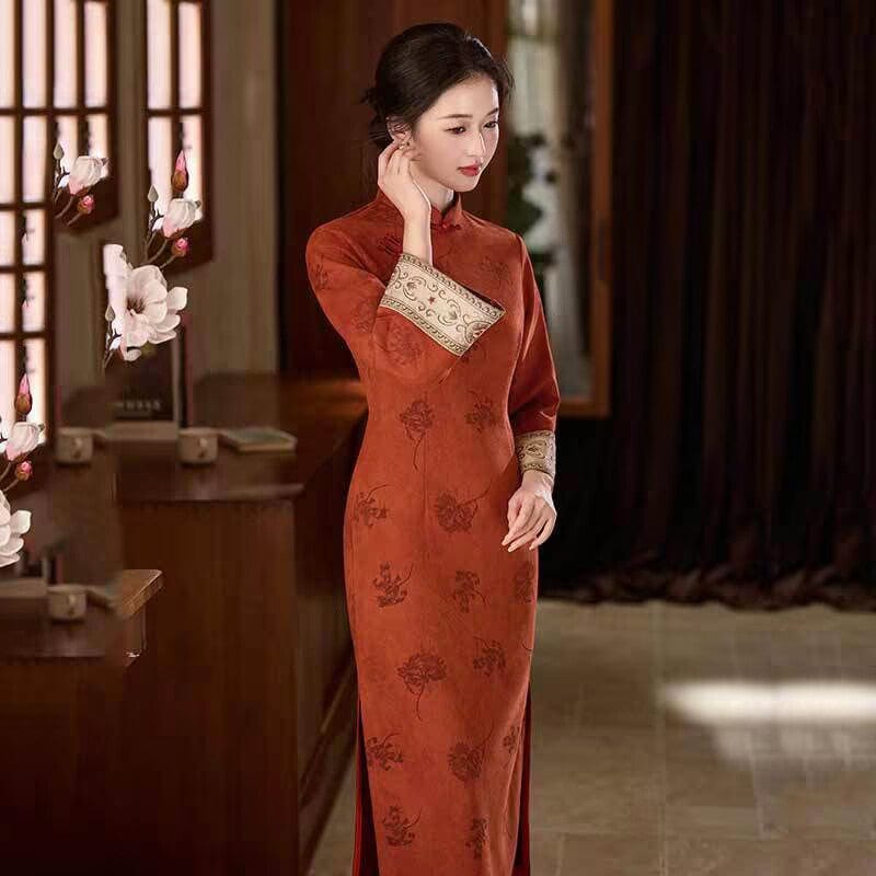 Beth and Brian Qipao-SMQ Winter collection, floral pattern, suede fabric, orange-red midi Cheongsam