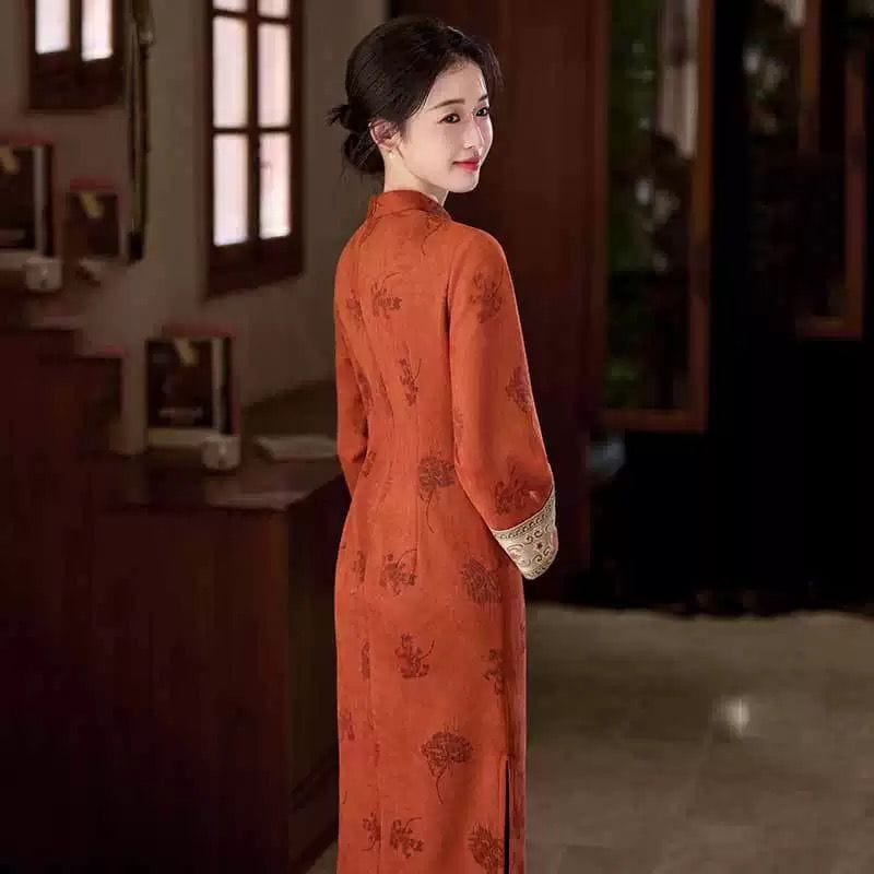 Beth and Brian Qipao-SMQ Winter collection, floral pattern, suede fabric, orange-red midi Cheongsam