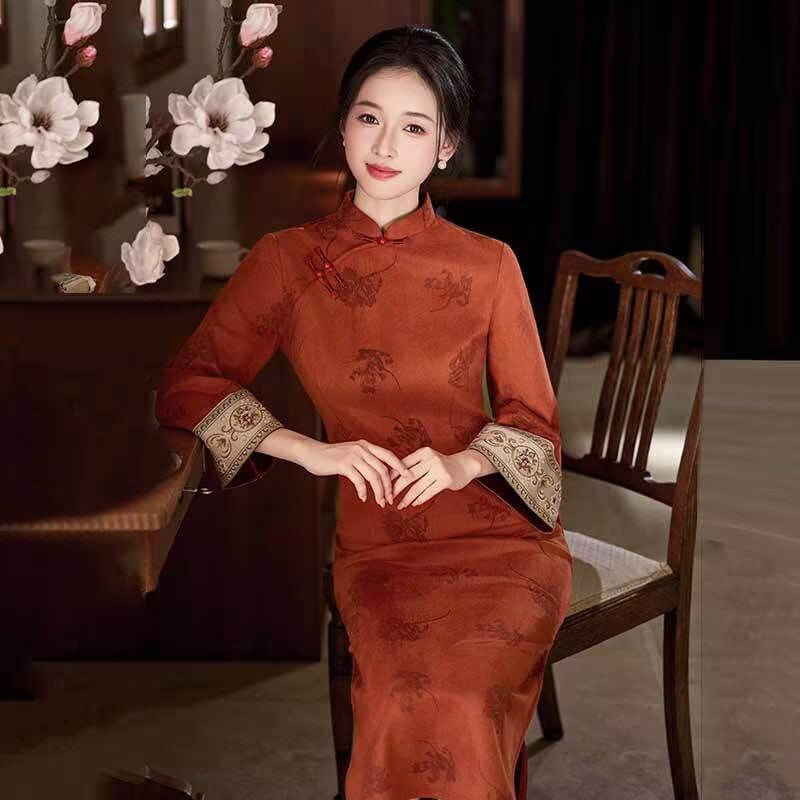 Beth and Brian Qipao-SMQ Winter collection, floral pattern, suede fabric, orange-red midi Cheongsam