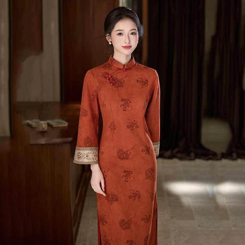 Beth and Brian Qipao-SMQ Winter collection, floral pattern, suede fabric, orange-red midi Cheongsam