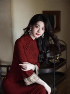 Beth and Brian Qipao-JLM Floral pattern, cotton red long Cheongsam