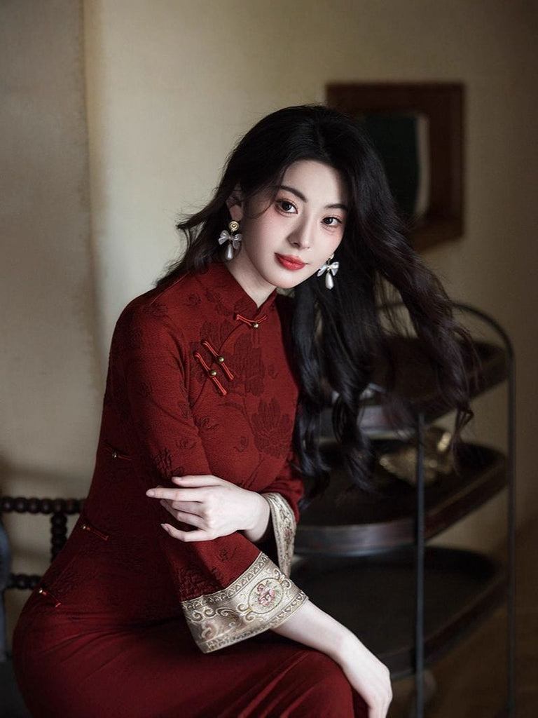 Beth and Brian Qipao-JLM Floral pattern, cotton red long Cheongsam