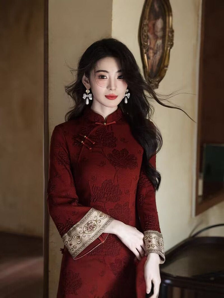 Beth and Brian Qipao-JLM Floral pattern, cotton red long Cheongsam