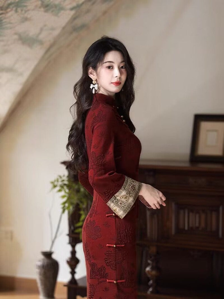 Beth and Brian Qipao-JLM Floral pattern, cotton red long Cheongsam