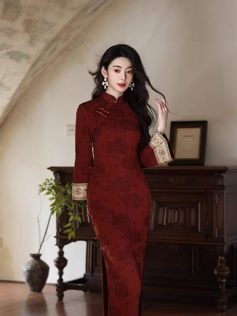 Beth and Brian Qipao-JLM Floral pattern, cotton red long Cheongsam
