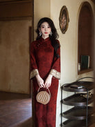 Beth and Brian Qipao-JLM Floral pattern, cotton red long Cheongsam