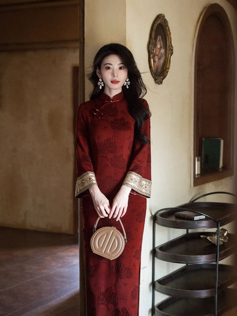 Beth and Brian Qipao-JLM Floral pattern, cotton red long Cheongsam
