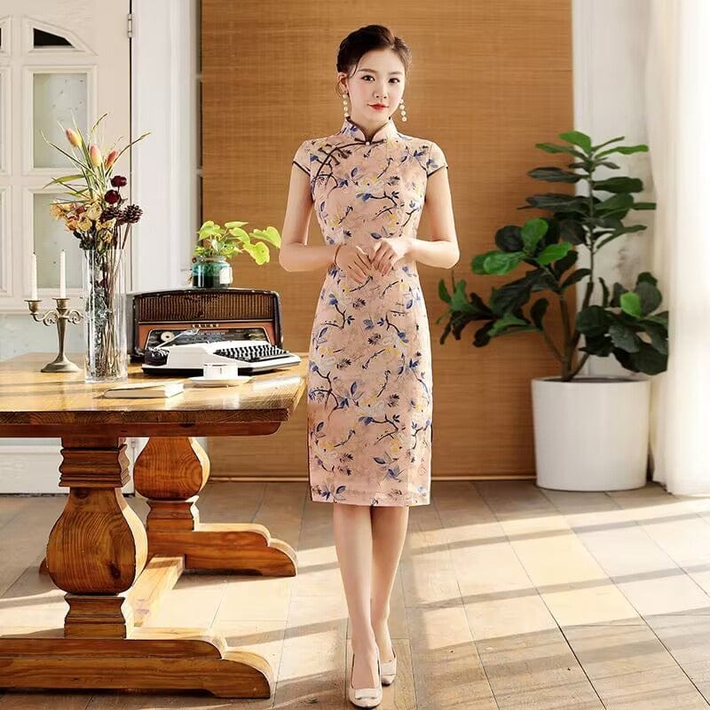 Beth and Brian Qipao-QHJS Floral pattern, cotton pink mid-length Cheongsam