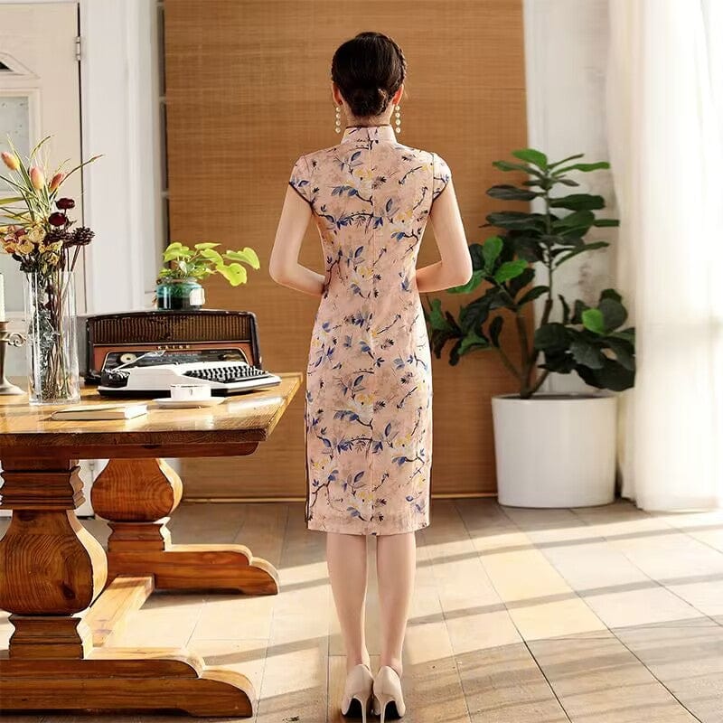 Beth and Brian Qipao-QHJS Floral pattern, cotton pink mid-length Cheongsam