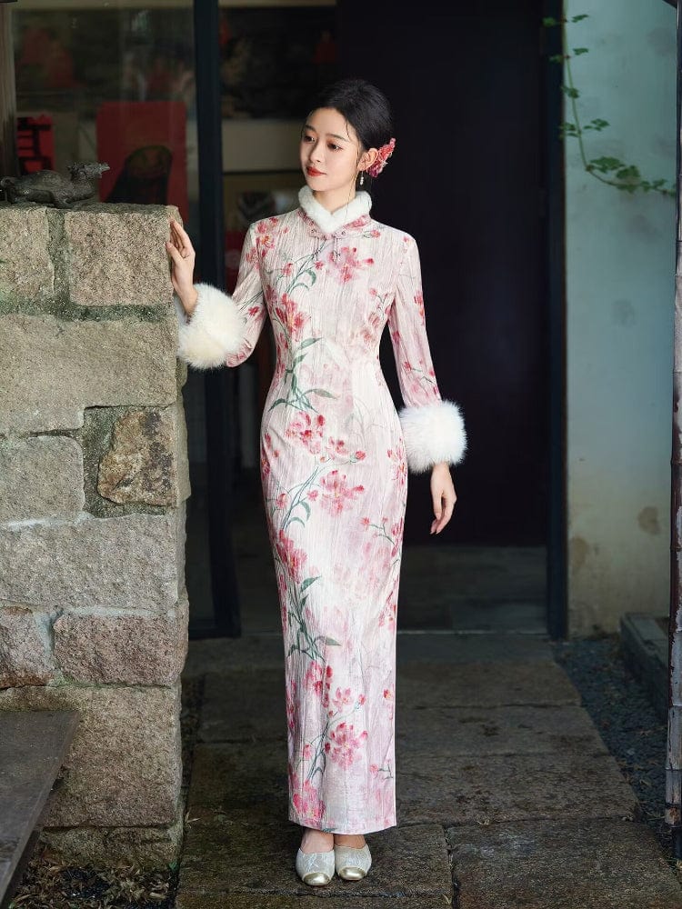 Beth and Brian Qipao-JD Winter collection, floral pattern long Qipao with Fur-Trimmed Sleeves