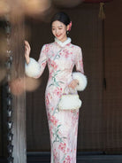 Beth and Brian Qipao-JD Winter collection, floral pattern long Qipao with Fur-Trimmed Sleeves