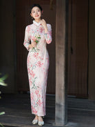 Beth and Brian Qipao-JD Winter collection, floral pattern long Qipao with Fur-Trimmed Sleeves
