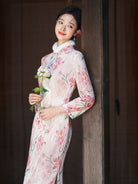 Beth and Brian Qipao-JD Winter collection, floral pattern long Qipao with Fur-Trimmed Sleeves