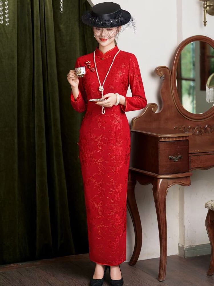 Beth and Brian Qipao-JD Fall and winter collection, Retro style red long Cheongsam