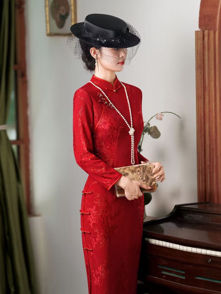 Beth and Brian Qipao-JD Fall and winter collection, Retro style red long Cheongsam