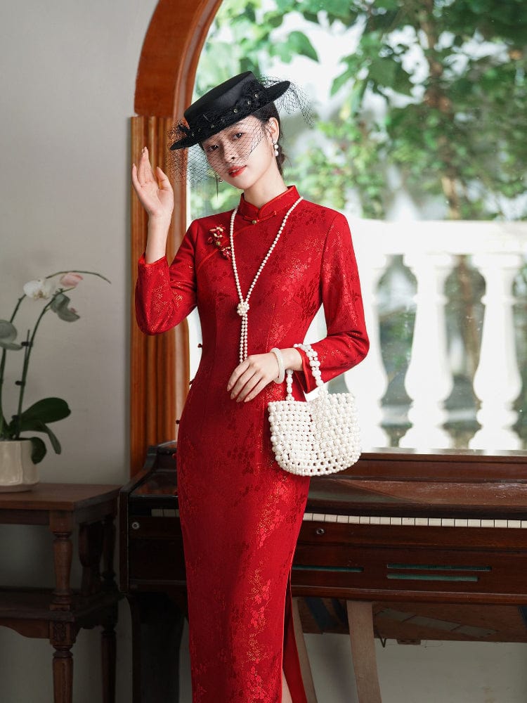 Beth and Brian Qipao-JD Fall and winter collection, Retro style red long Cheongsam