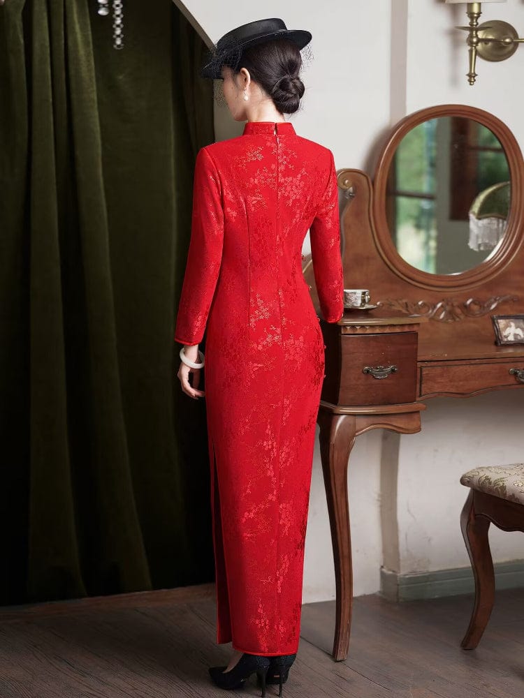 Beth and Brian Qipao-JD Fall and winter collection, Retro style red long Cheongsam