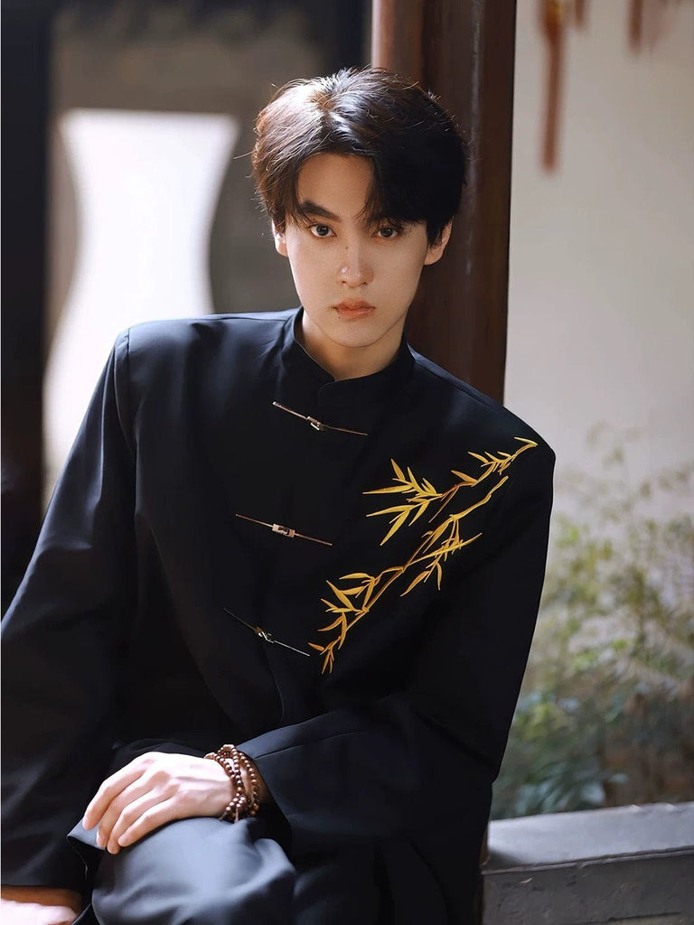 Beth and Brian Qipao-ESS Gold bamboo leaf pattern, Men's Chinese Tang Suit Jacket, Chinese style Tang suit Jacket